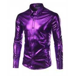 Purple Coated Metallic Night Club Wear Shirt Men Long Sleeve Halloween Button Down Mens Dress ShirtT-shirt