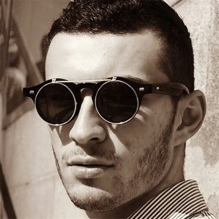 retro round steam punk flip up sunglasses - vintage classic double flip sun glassesOkulary Przeciwsłoneczne