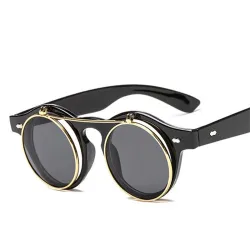 retro round steam punk flip up sunglasses - vintage classic double flip sun glassesOkulary Przeciwsłoneczne