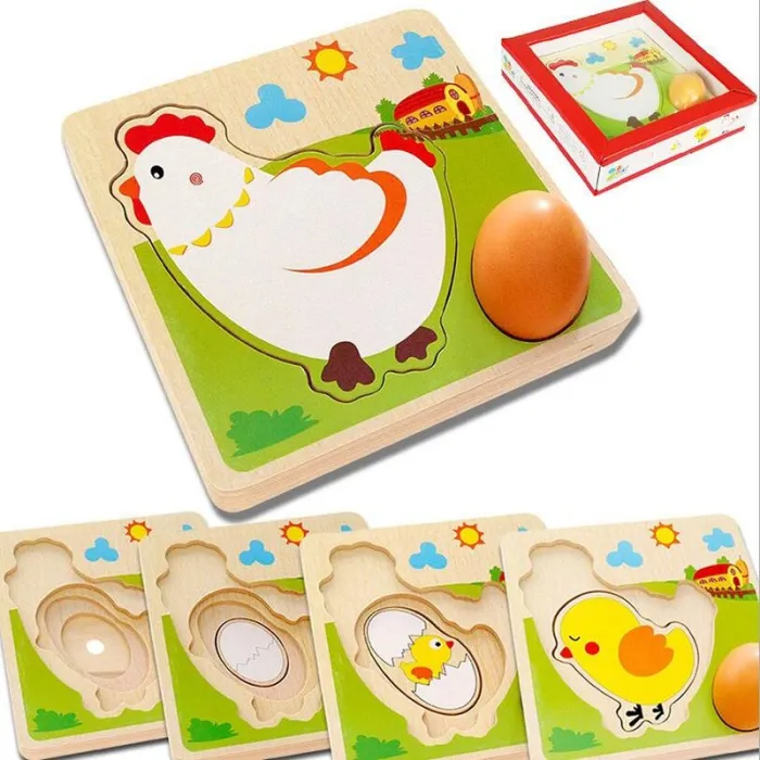 Drewniane puzzle 3D - układanka wielowarstwowa - kura znosząca jajka - wzrost kurczaka - zabawka edukacyjneDrewniane