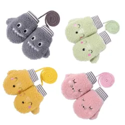 Kids warm plush gloves - one finger - with rope - animals designClothing
