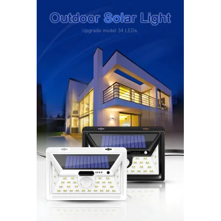 Lampa solarna LED - zewnętrzna - czujnik ruchu - ścienna - wodoodporna - 34 LEDOświetlenia słonecznego