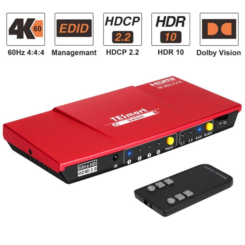 Przełącznik HDMI - wyjście 4 w 1 - z wyjściem audio S / PDIF i L / R - HDTV 4K 60 Hz 4: 4: 4 - pilot na podczerwieńPrzełączni...