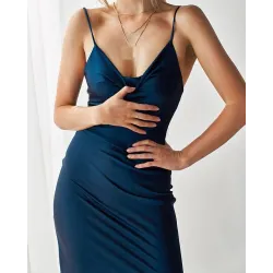 Sexy silk dress - calf-length - thin straps - with a side slitDresses