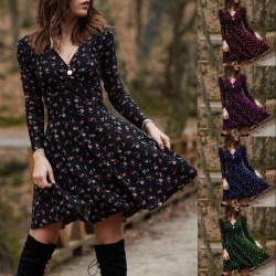 Mini luźna sukienka - długi rękaw - dekolt w szpic - vintage kwiatowy nadrukSukienki