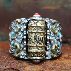 Mantra buddyjska - pierścionek - z kolorowymi koralikami - o zmiennym rozmiarze - srebro próby 925Pierścionki