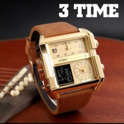 Sports quartz watch - 3 time zone - LED - leather bandWatches