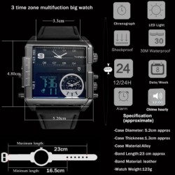 Sportowy zegarek kwarcowy - 3 strefy czasowe - LED - skórzany pasekZegarki