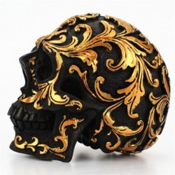 Czarna głowa czaszki - ze złotymi rzeźbami - posąg z żywicyHalloween & Impreza