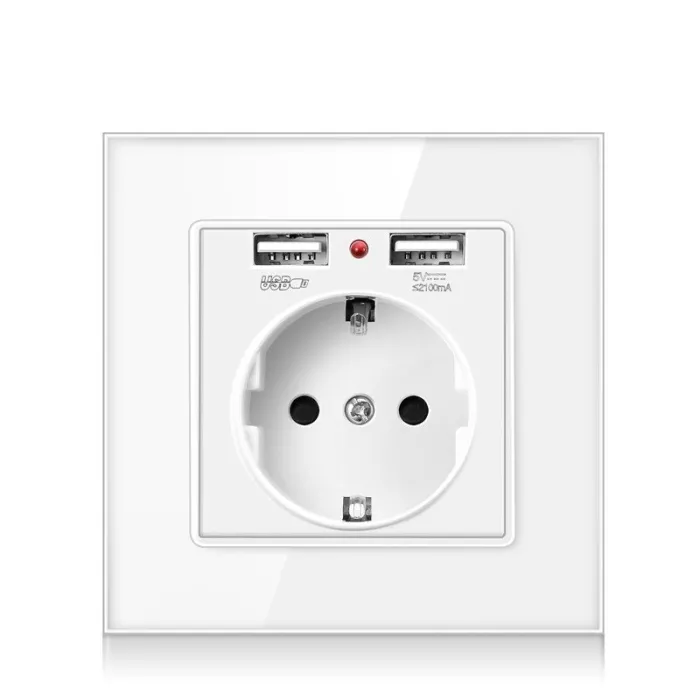 EU plug - power socket with dual USB charging ports - glass panelLighting fittings