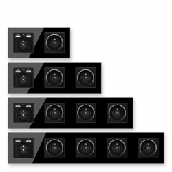 EU wall socket - French standard - with USB ports - crystal glass wall panel - blackLighting fittings