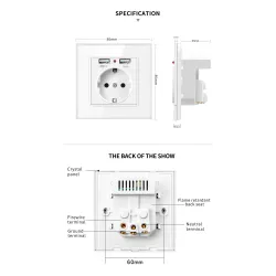 EU plug - power socket with dual USB charging ports - glass panelLighting fittings