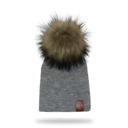 Knitted beanie with pom pom / leather label - unisex - for kids / adultsHats & caps