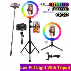 Pierścień LED do selfie - RGB - ściemniane światło wypełniające - ze statywem - do fotografii / makijażu / wideoStatywy i sto...
