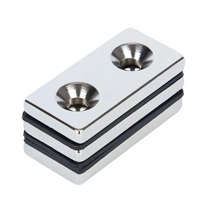 N52 - magnes neodymowy - mocny blok stożkowy - 40mm * 20mm * 5mm - z podwójnym otworem 5mm - 3 sztukiN52