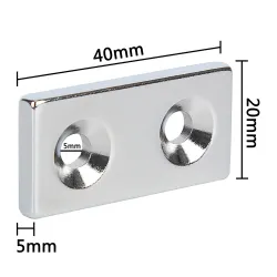 N52 - magnes neodymowy - mocny blok stożkowy - 40mm * 20mm * 5mm - z podwójnym otworem 5mm - 3 sztukiN52