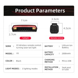 Bike brake light - turning light - flash tail rear lamp - laser line - with remote control - wireless - waterproofLights