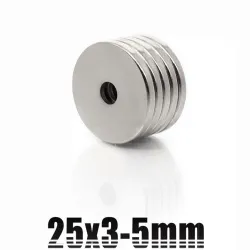N35 - magnes neodymowy - okrągła tarcza z łbem stożkowym - 25 * 3mm - z otworem 5mm - 5 sztukN35