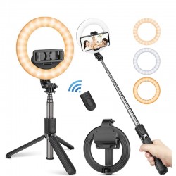 Kijek do selfie 4 w 1 - lampa pierścieniowa LED - bezprzewodowy - Bluetooth - mini ręczny statyw - z pilotemKije do selfie