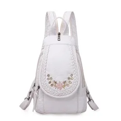 Fashionable leather backpack - cats / flowers print - white / black / pinkBackpacks