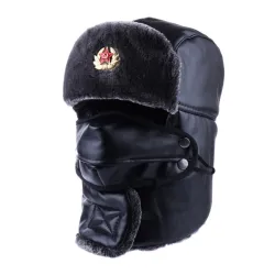 Ciepła zimowa skórzana czapka - z osłoną na szyję / twarz / nausznikami - rosyjska / sowiecka odznakaCzapki