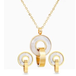 Modny komplet biżuterii ze złota - zawieszka z muszli podwójnych kółek - naszyjnik / kolczykiKomplety Biżuterii