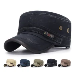 Retro flat hat with visor - washed cotton / leather-trimmedHats & Caps