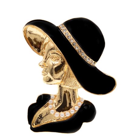 Modna złota broszka - kobieta w czarnym kapeluszu z perłami / kryształamiBroszki