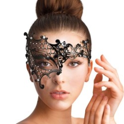 Czarna wenecka maska na jedno oko - metalowa koronka - kryształki - maskarada / karnawałMaski