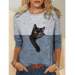 Klasyczna koszulka z długim rękawem - dwukolorowa - nadruk kota 3DBluzki & Koszulki