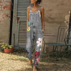 Letni długi kombinezon - jeansowy pajacyk - kwiaty drukowaneKombinezony