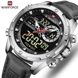 NAVIFORCE - sportowy - wojskowy zegarek kwarcowy - skórzany pasek - wyświetlacz LCD LED - wodoodpornyZegarki