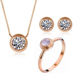 Elegancki komplet biżuterii - naszyjnik z różowego złota - kolczyki - pierścionek - z okrągłą cyrkoniąKomplety Biżuterii