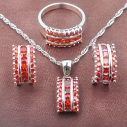 Elegancki komplet biżuterii - z czerwoną cyrkonią - naszyjnik - kolczyki - pierścionekKomplety Biżuterii
