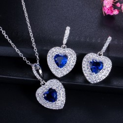 Luksusowy komplet biżuterii srebrnej - zawieszki w kształcie serca - kryształ - cyrkonia - naszyjnik - kolczykiKomplety Biżut...