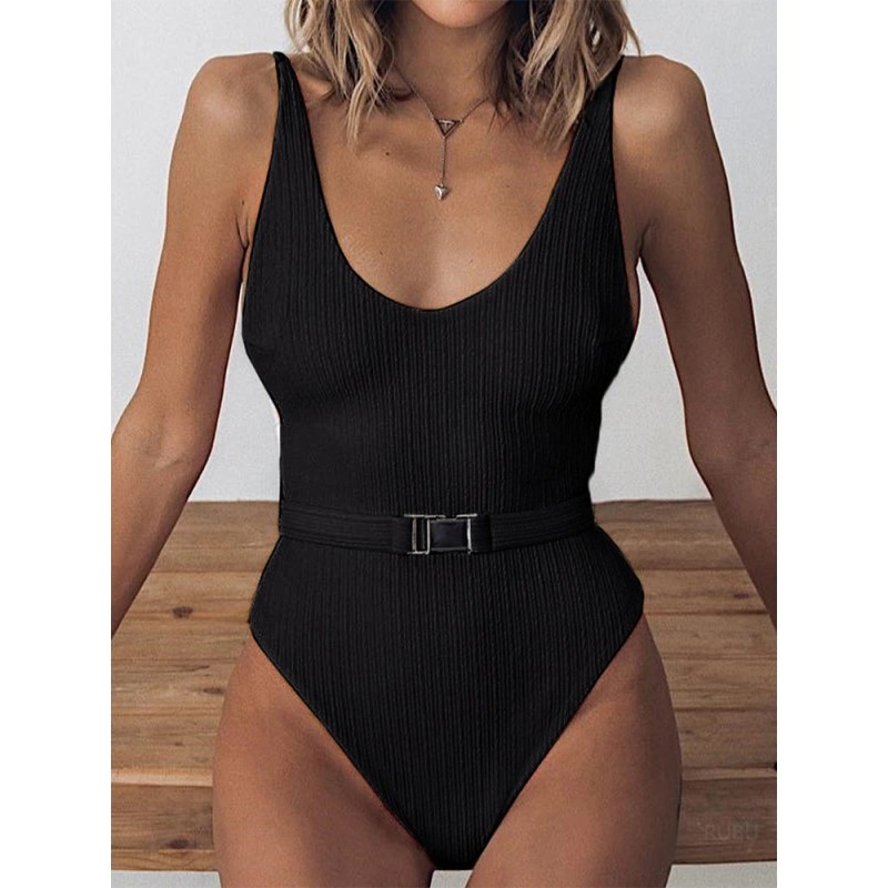 Seksowny kostium jednoczęściowy w prążki - brazylijskie monokini - z paskiemStroje Kąpielowe