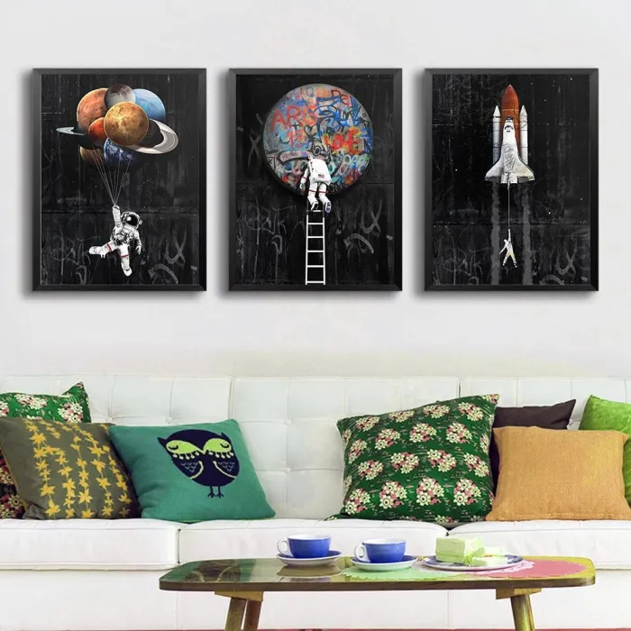 Astronauta - przestrzeń - rakieta - obraz olejny - plakat ścienny na płótnieTablice & Znaki