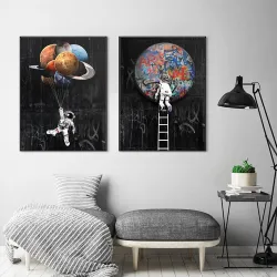 Astronauta - przestrzeń - rakieta - obraz olejny - plakat ścienny na płótnieTablice & Znaki