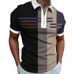 Elegancka koszulka polo - krótki rękaw - zamek - paski - geometryczny nadrukT-shirt