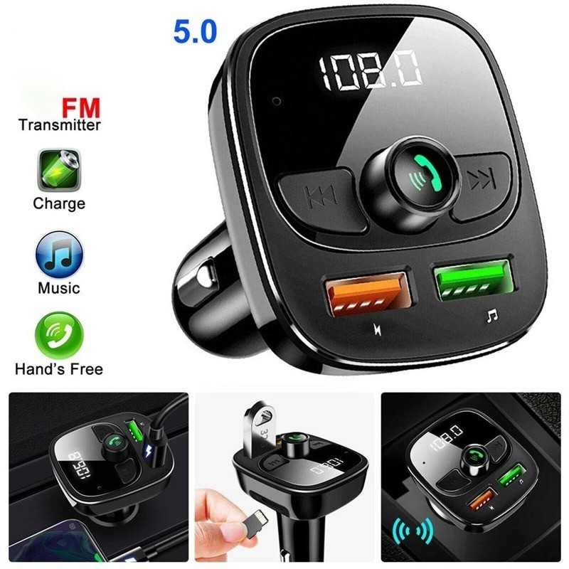Bezprzewodowy nadajnik Bluetooth - zestaw głośnomówiący - podwójna ładowarka USB - cyfrowy - LEDNadajniki FM