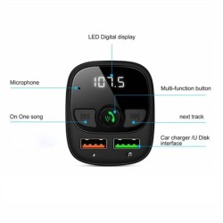 Bezprzewodowy nadajnik Bluetooth - zestaw głośnomówiący - podwójna ładowarka USB - cyfrowy - LEDNadajniki FM