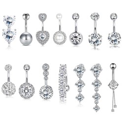 Belly button ring - piercing - double round cubic zirconia - 316L surgical steel - silver