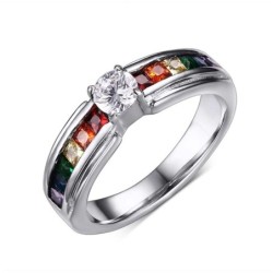 Fashionable ring - colorful rainbow zirconia - unisex - stainless steelRings