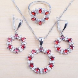 Ekskluzywny komplet biżuterii - naszyjnik - kolczyki - pierścionek - biała i czerwona cyrkonia - srebro próby 925Komplety Biż...