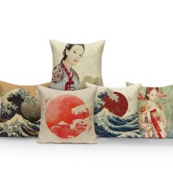 Poszewka dekoracyjna na poduszkę - styl japoński - kobieta - morskie fale - wschód słońca - góry - 40 cm * 40 cm - 45 cm * 45...