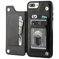 Retro card holder - phone cover case - leather flip cover - mini wallet - for iPhone - blackProtection