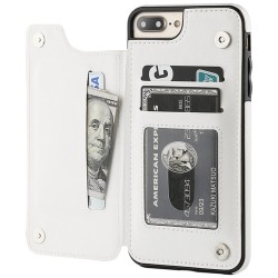 Retro etui na karty - etui na telefon - skórzana klapka - mini portfel - na iPhone - białeOchrona