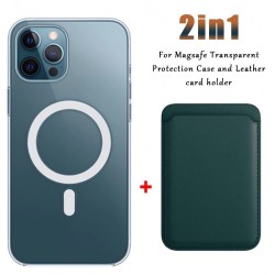 Magsafe wireless charging - transparent magnetic case - magnetic leather card holder - for iPhone - dark greenProtection