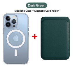 Bezprzewodowe ładowanie Magsafe - przezroczyste etui magnetyczne - magnetyczne skórzane etui na karty - do iPhone'a - zielone...
