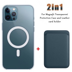 Magsafe wireless charging - transparent magnetic case - magnetic leather card holder - for iPhone - dark blueProtection